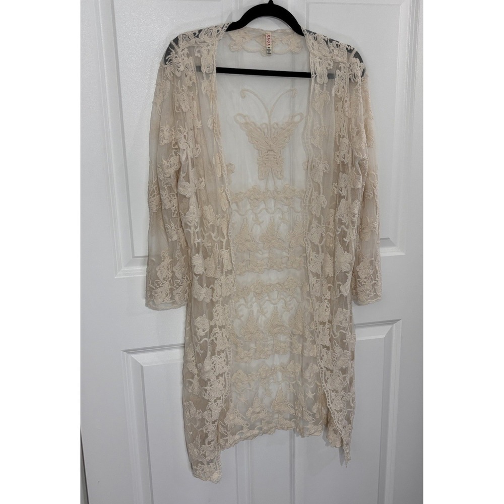RAGA Lace Kimono Cardigan XS Ivory‎ Butterfly Embroidered Boho Duster 0627